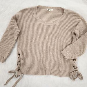 Miracle USA Taupe Lace-Up Side Chunky Knit Sweater S/M Boxy Cozy Neutral Boho